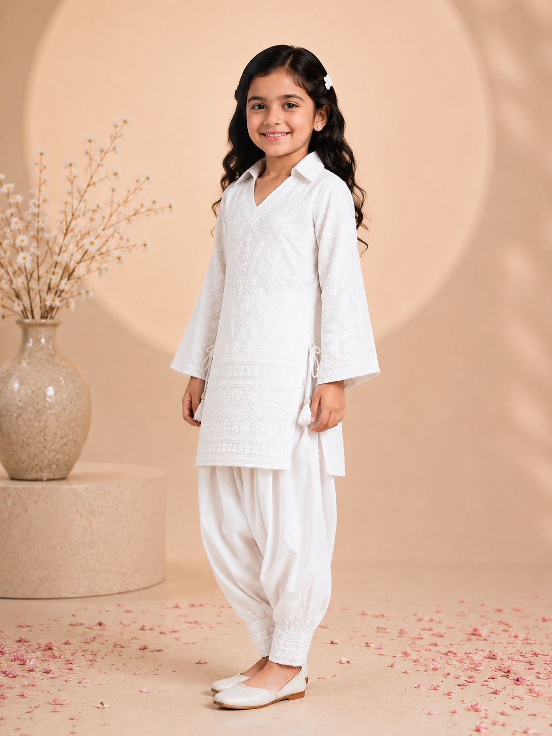Girls White Cotton Chikankari Embroidery Thigh Length Kurta And Pyjama Set