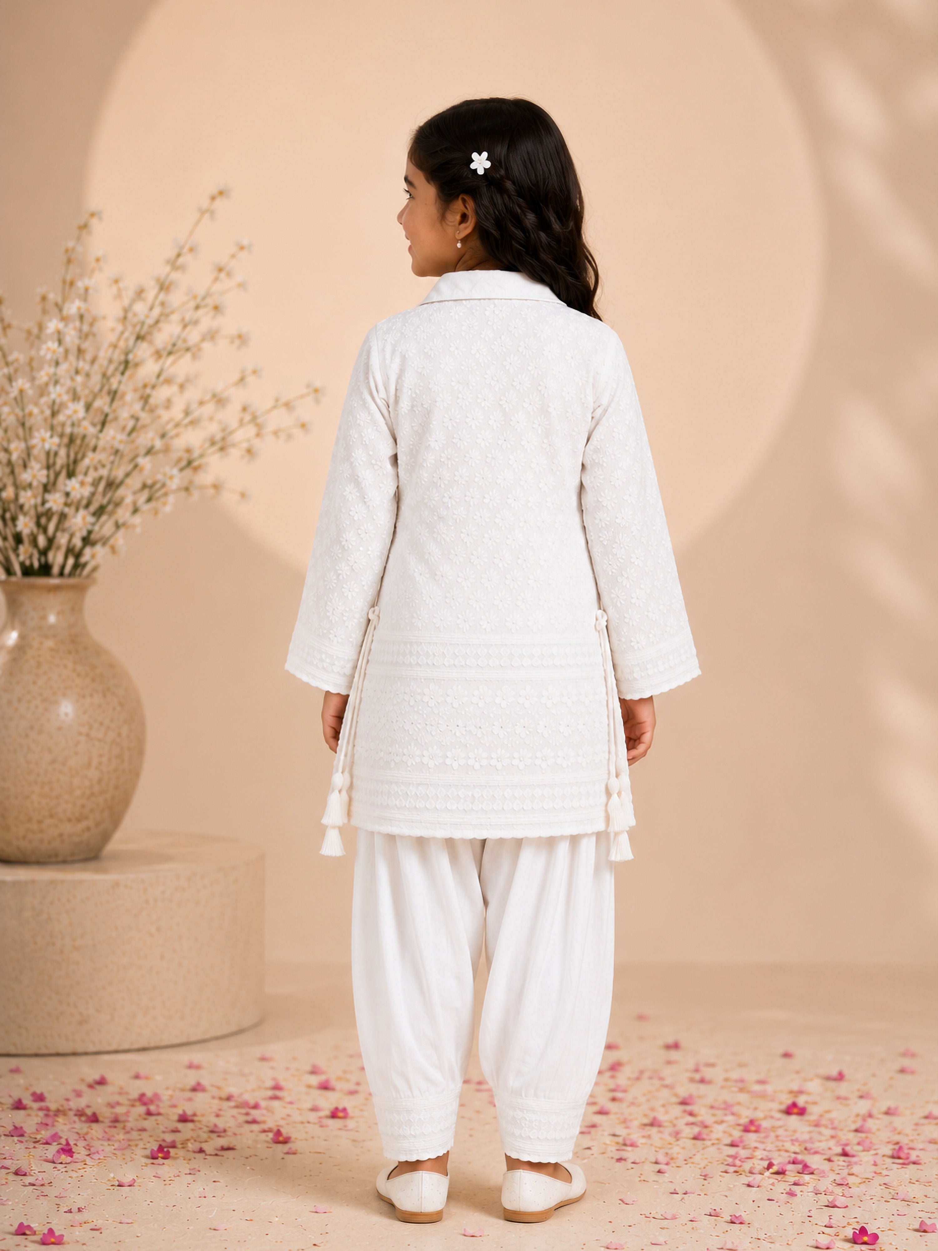 Girls White Cotton Chikankari Kurta with Patiala Pants