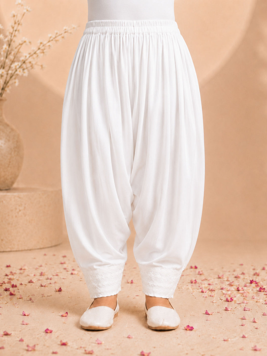 Girls White Cotton Chikankari Embroidery Thigh Length Kurta And Pyjama Set