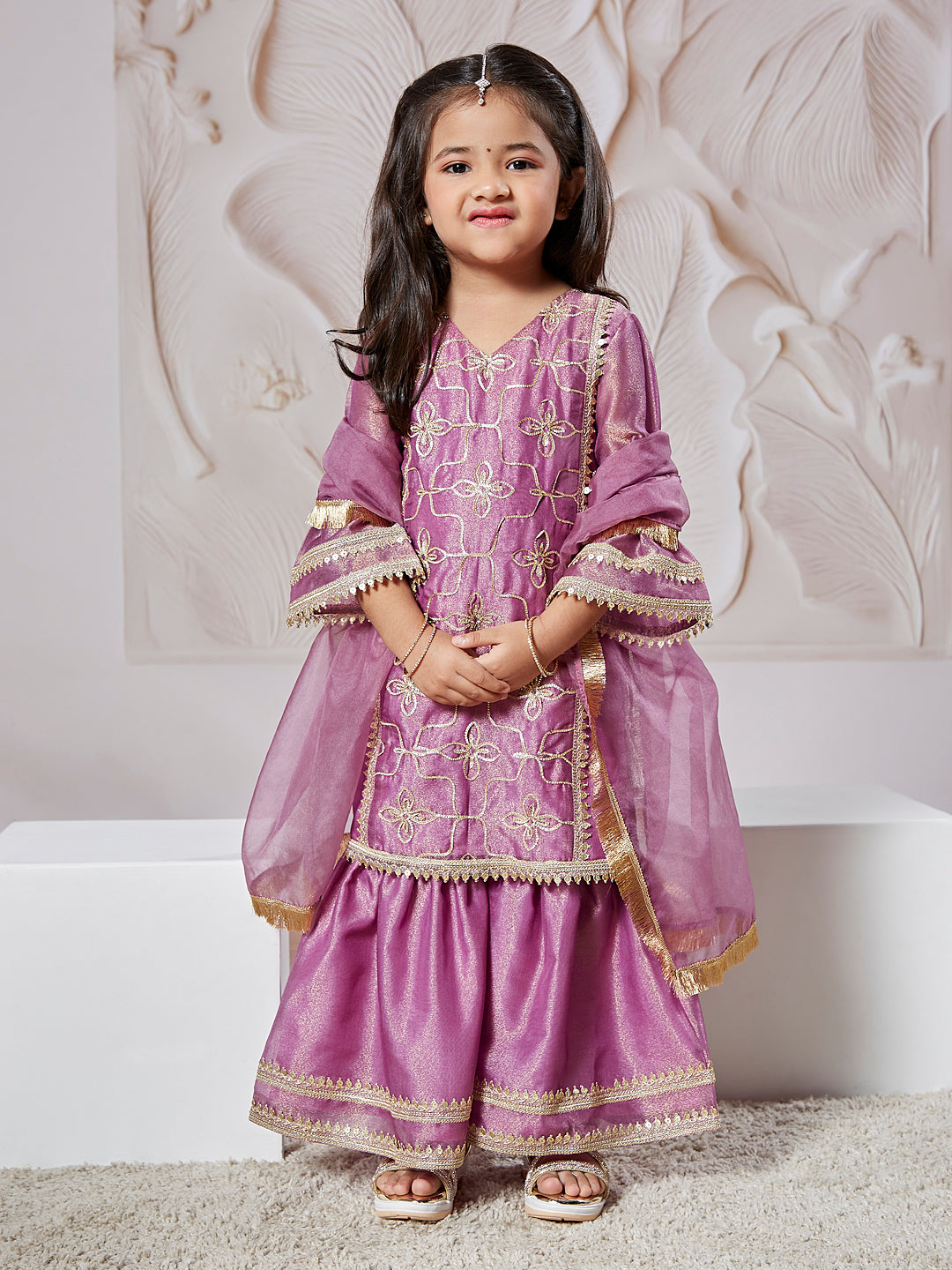 Girl's' Purple Kurta Sharara Set With Dupatta