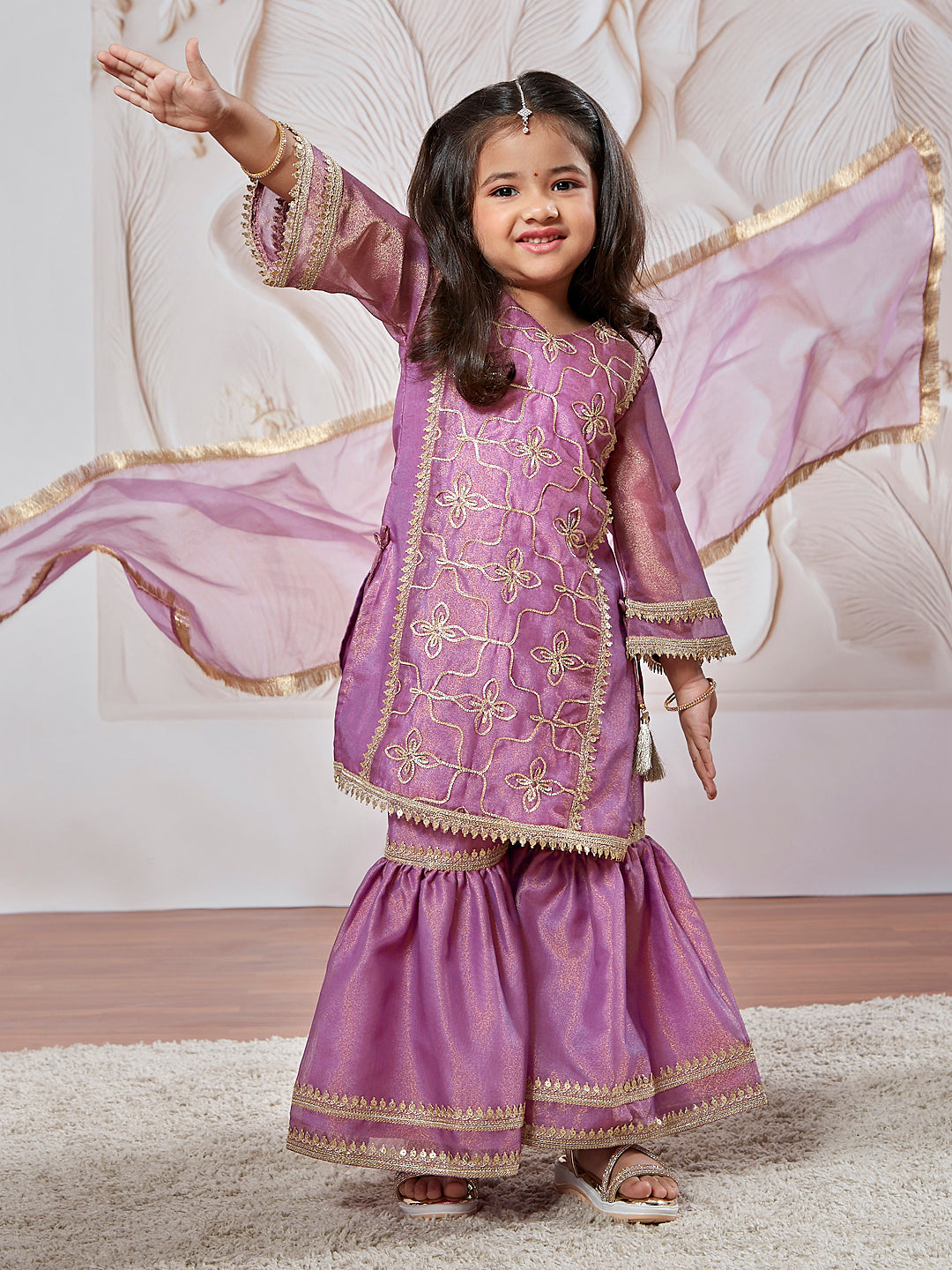 Girl's' Purple Kurta Sharara Set With Dupatta