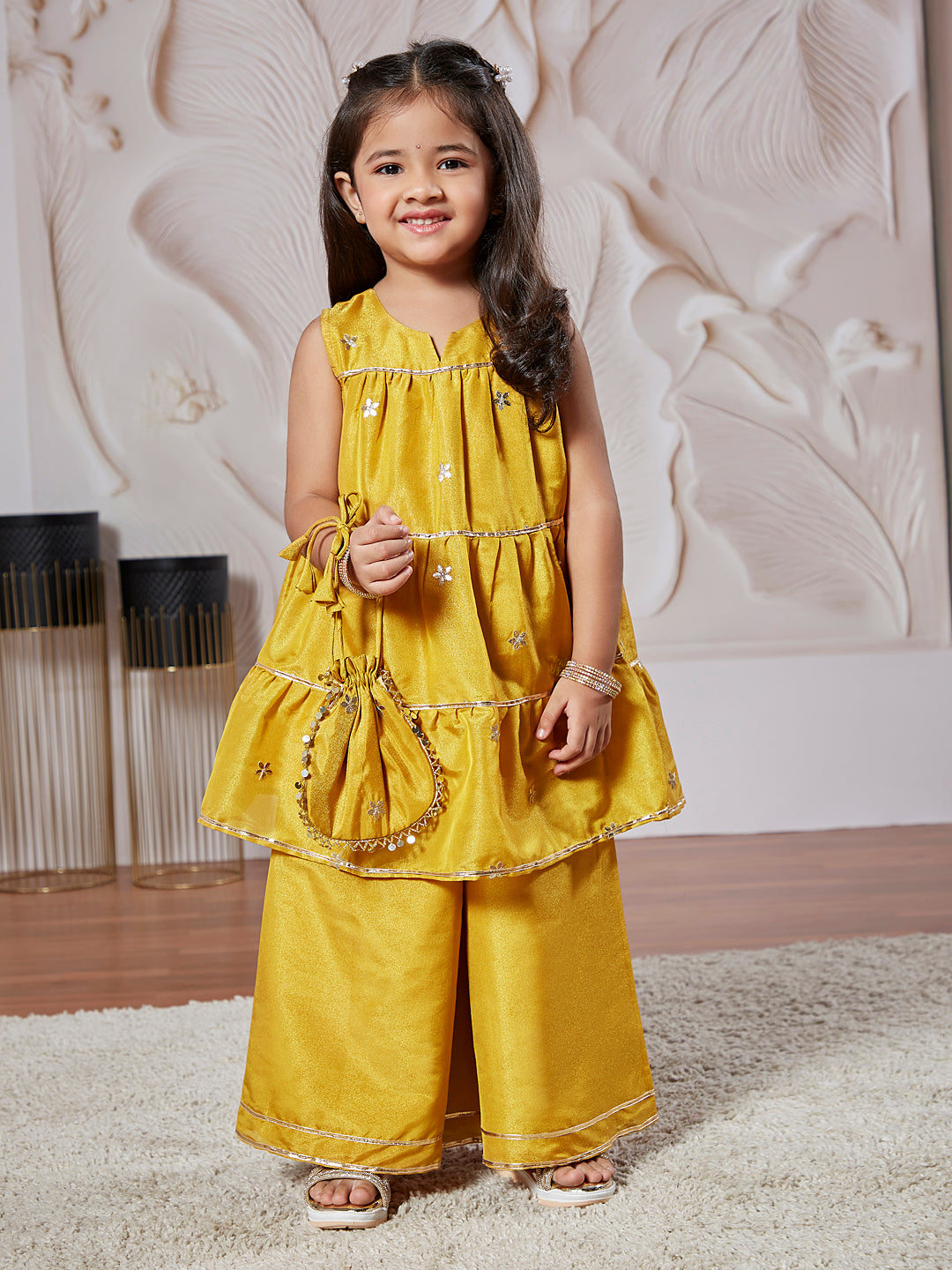 Girl's' Mustard Kurta Palazzo Set With Potli