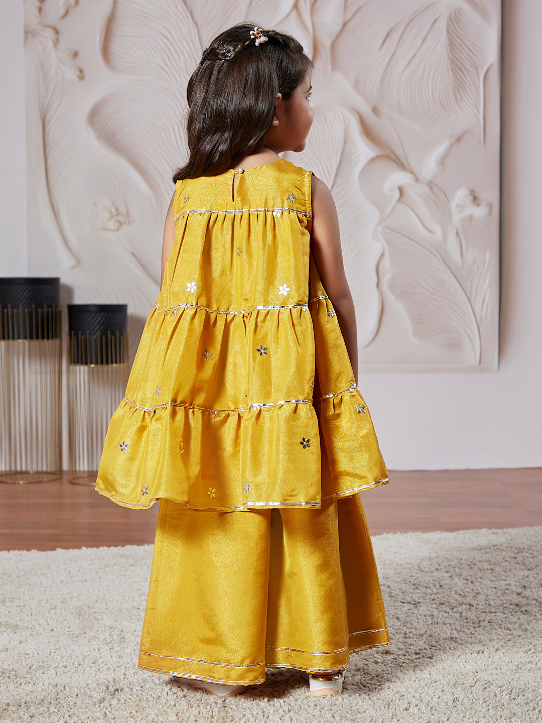 Girl's' Mustard Kurta Palazzo Set With Potli