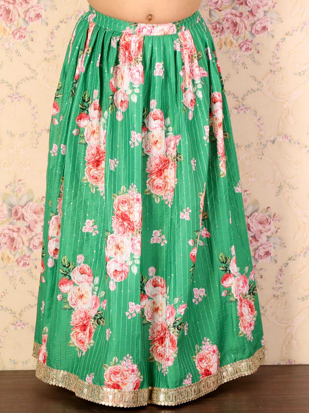 Girl's Green Embellished Lehenga Set