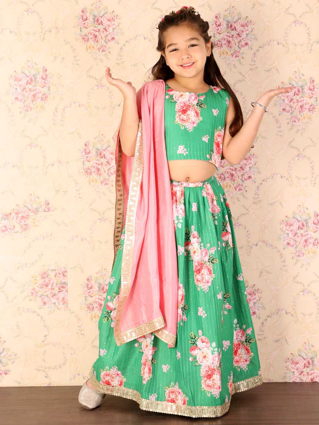 Girl's Green Embellished Lehenga Set
