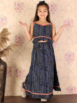 VASTRAMAY Girl's Blue Bandhani Top And Long Skirt Set