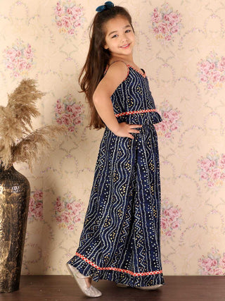 VASTRAMAY Girl's Blue Bandhani Top And Long Skirt Set