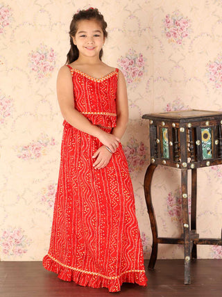 VASTRAMAY Girl's Maroon Bandhani Top And Long Skirt Set