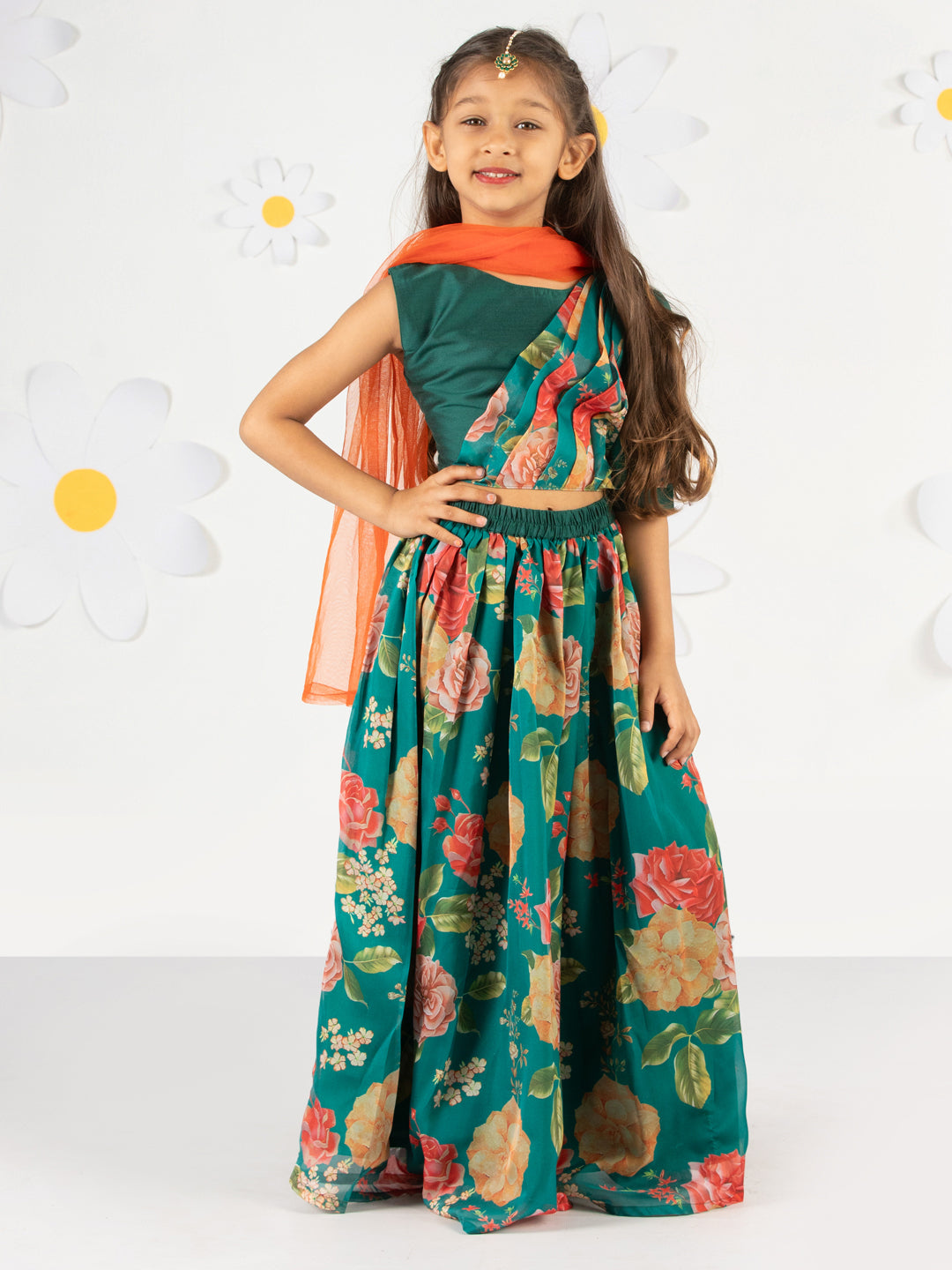 Girl's'  Green Printed Organza Lehenga With Dupatta Set