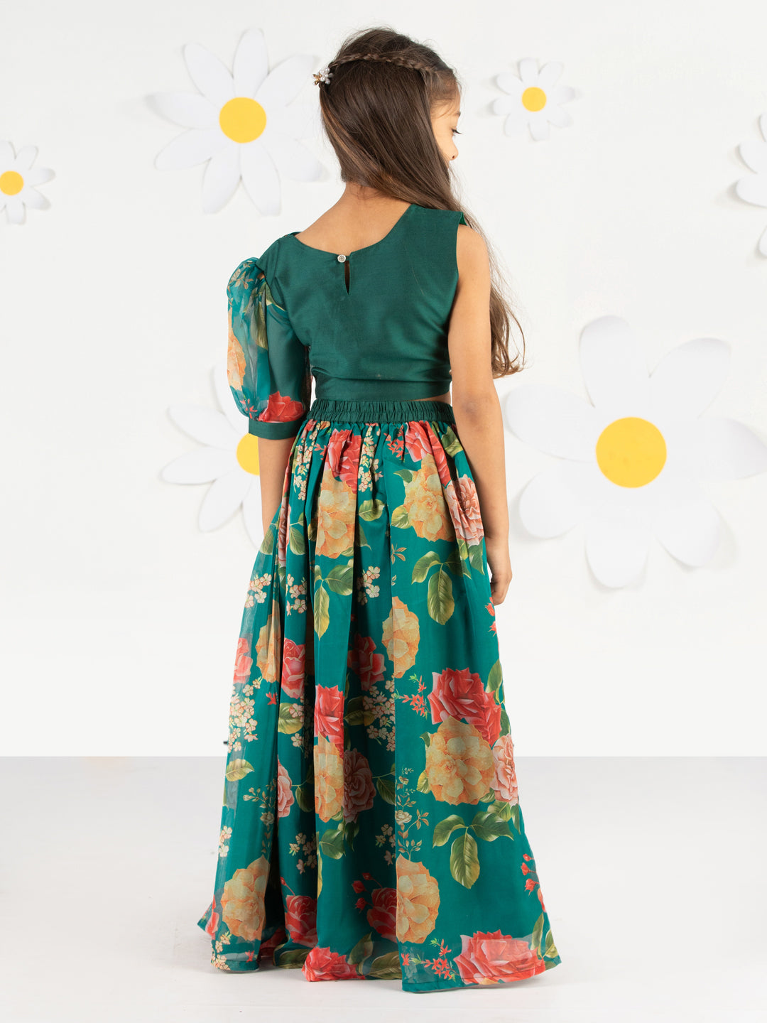 Girl's'  Green Printed Organza Lehenga With Dupatta Set