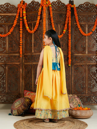 VASTRAMAY Girls' Yellow Silk Blend Embellished Lehenga Set