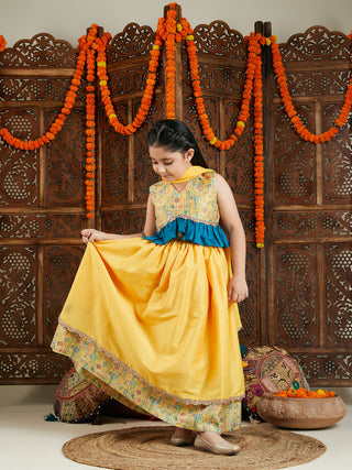 VASTRAMAY Girls' Yellow Silk Blend Embellished Lehenga Set