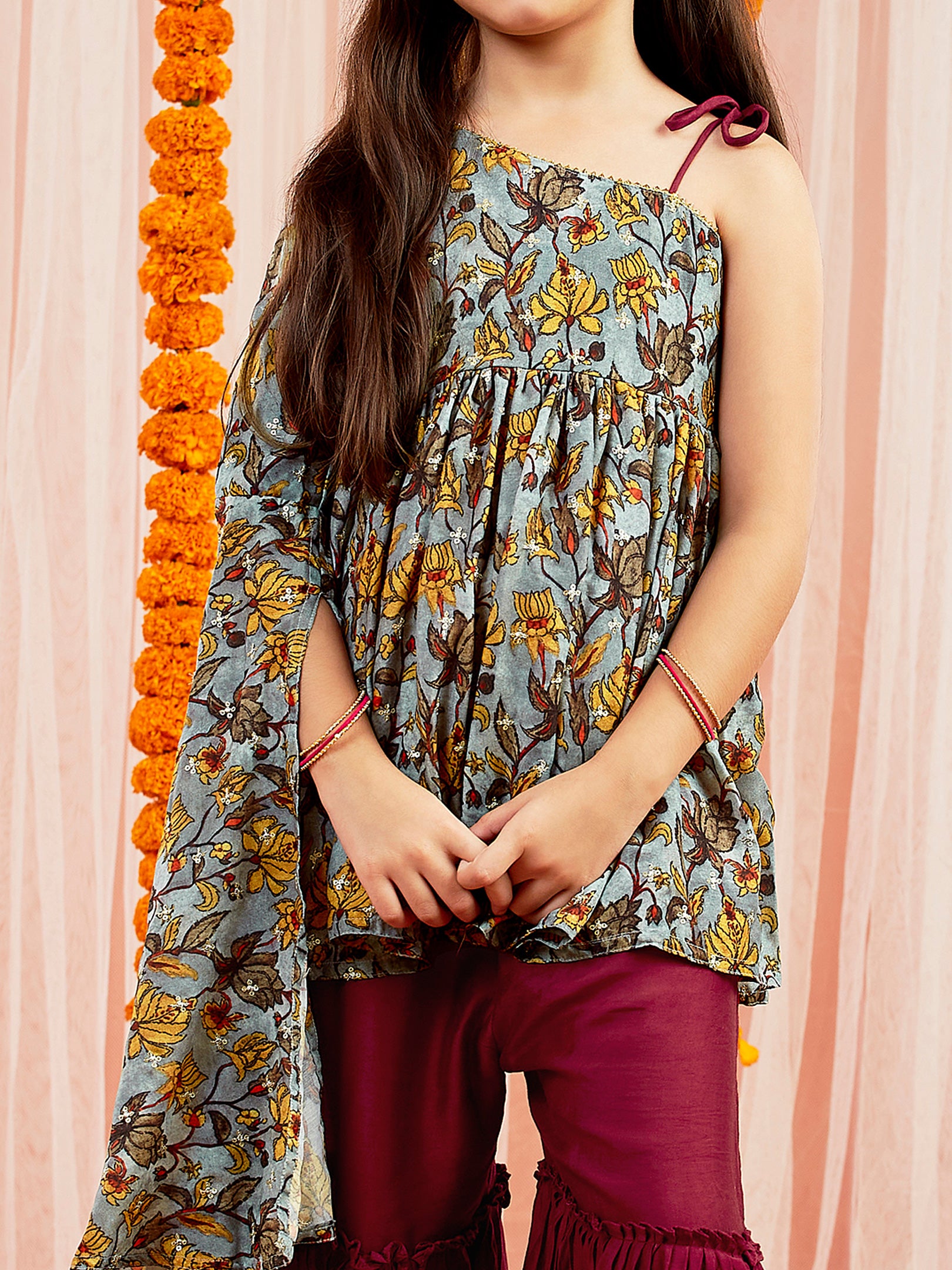 Girls' Grey Printed Tunic With Palazzo Set