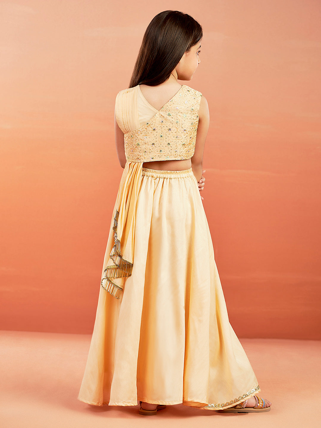 Girl's' Peach Embroidered Crop Top And Blended Skit With Attached Pleated Dupatta Set