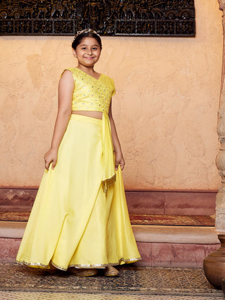 VASTRAMAY Girls' Yellow Embroidered Crop Top And Blended Skit With Attached Pleated Dupatta Set