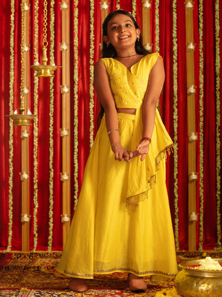 VASTRAMAY Girls' Yellow Embroidered Crop Top And Blended Skit With Attached Pleated Dupatta Set