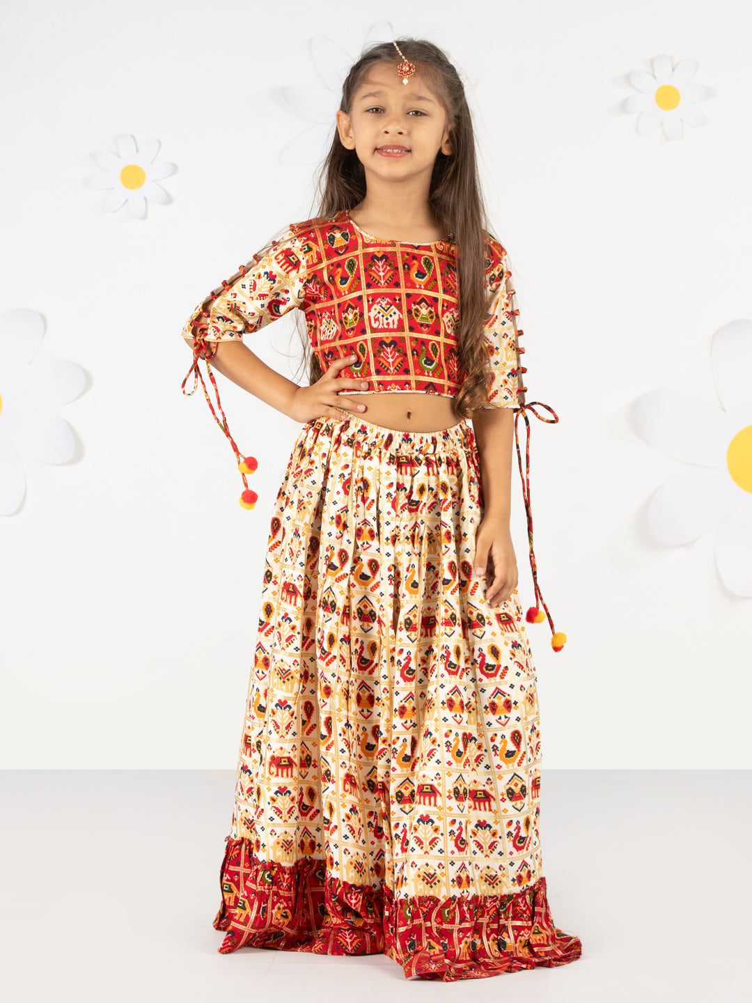 Girl's' Red And Cream Patola Print Lehenga Set