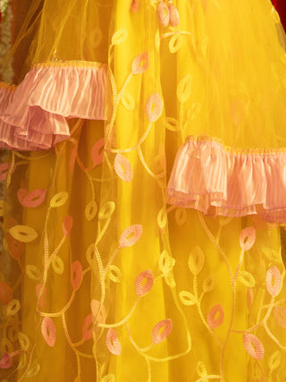 VASTRAMAY Girls' Pink Top And Yellow Lehenga With Ruffled Dupatta Set