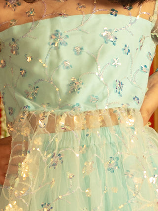 VASTRAMAY Girls' Aqua Embroidered Anarkali Kurta With Long Skirt Set