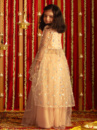 VASTRAMAY Girls' Peach Embroidered Anarkali Kurta With Long Skirt Set