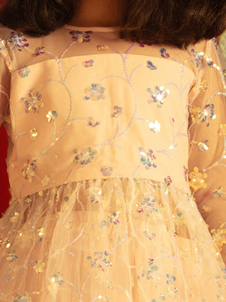 VASTRAMAY Girls' Peach Embroidered Anarkali Kurta With Long Skirt Set