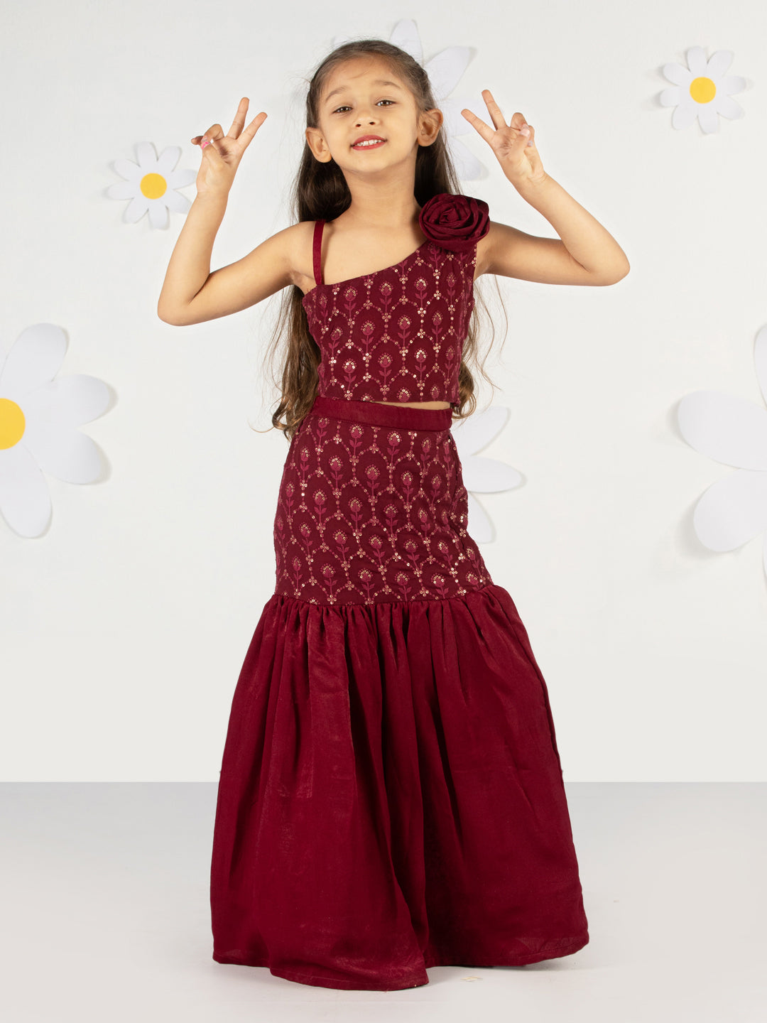 Girls' Wine Fish Cut Sequined Skirt And Top Set