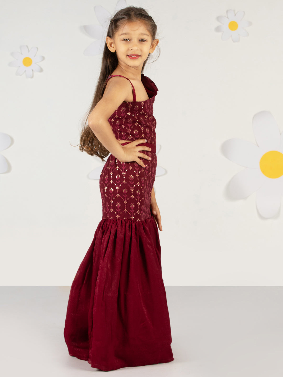 Girls' Wine Fish Cut Sequined Skirt And Top Set