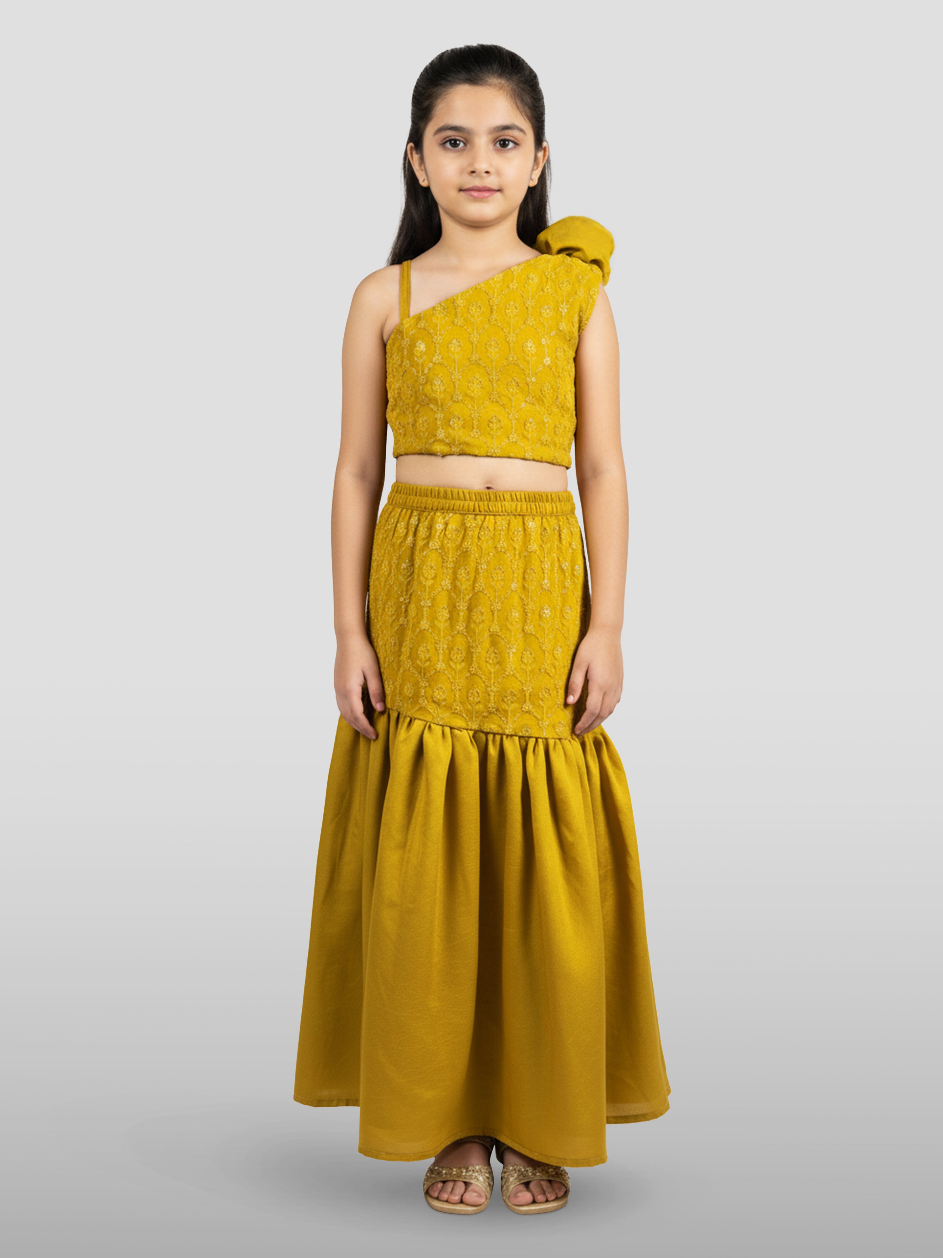 Vastramay Girls Yellow Georgette Lehenga Set