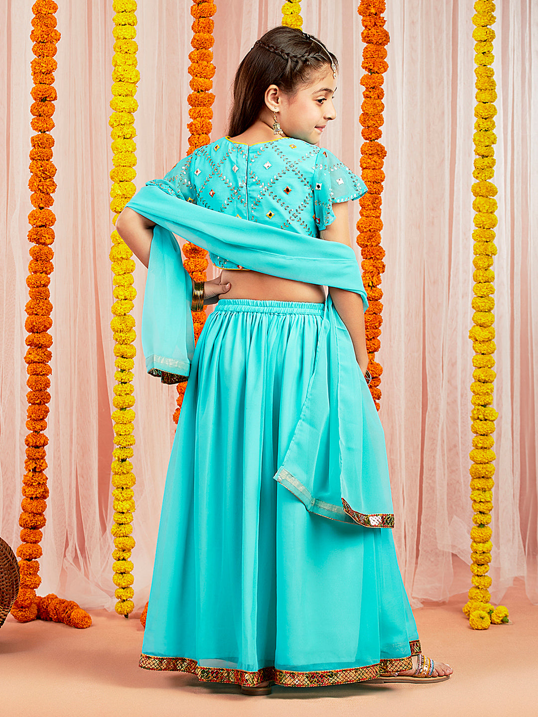 Girl's' Aqua Mirror Georgette Lehenga Set