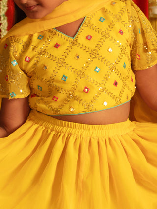 VASTRAMAY Girls' Yellow Mirror Georgette Lehenga Set