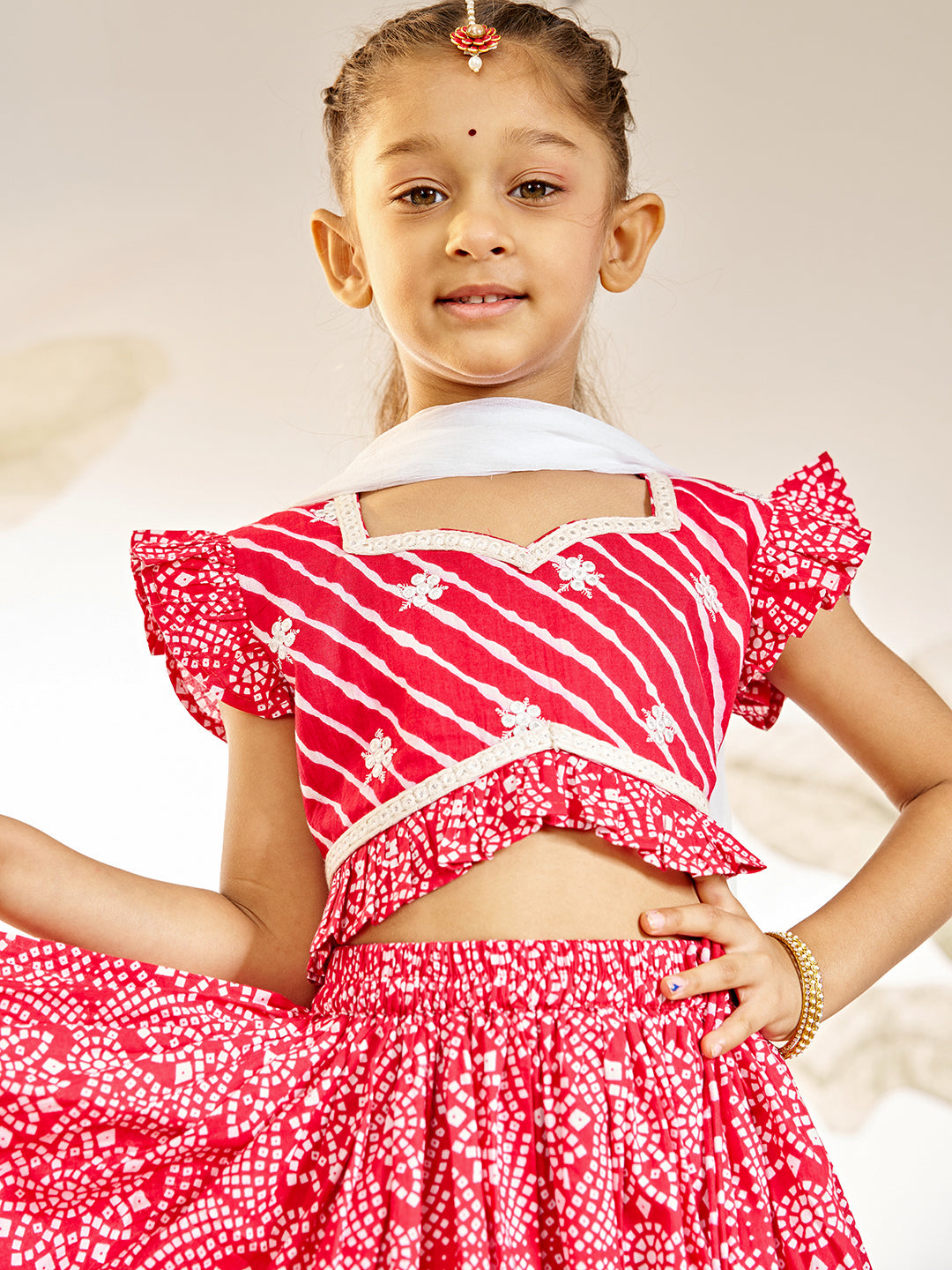 Girl's Red Cotton Lehenga Set