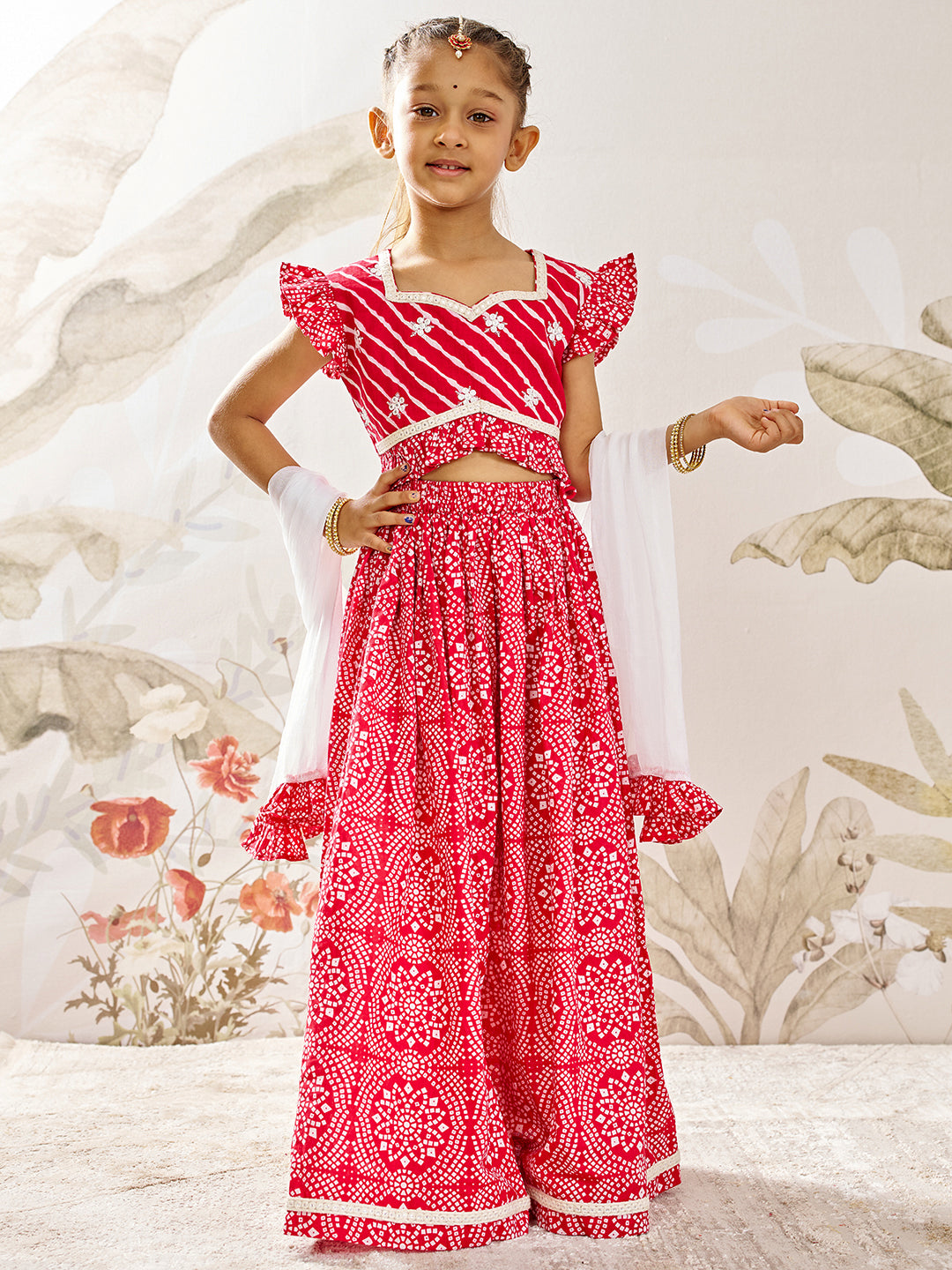 Girl's Red Cotton Lehenga Set