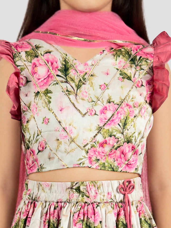Girls Pink Dupion Silk Digital Print Lehenga Choli Set