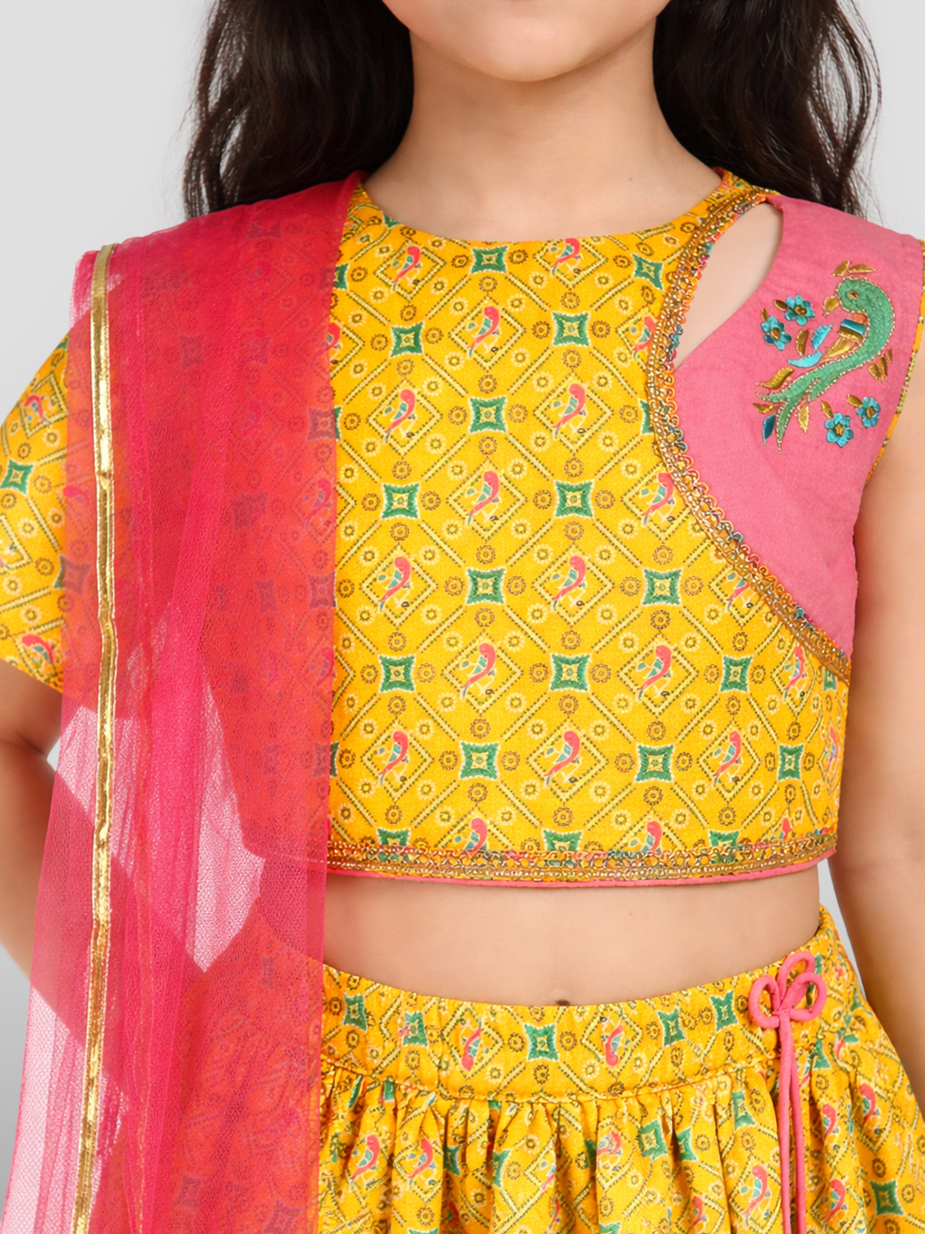 Girls Yellow Cotton Digital Animal Print Resham Embroidery Lehenga Choli with Net Dupatta Set