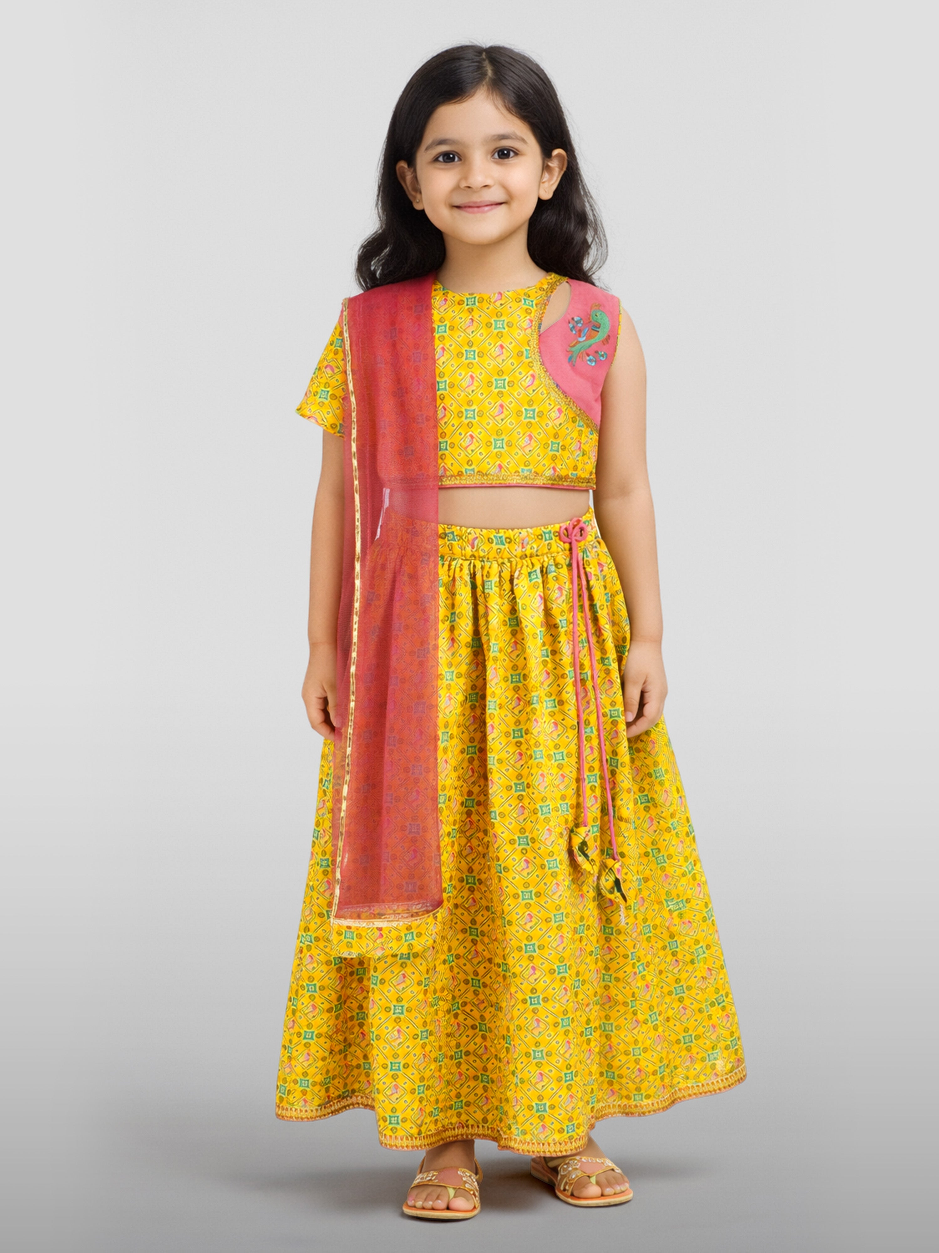 Girls Yellow Cotton Digital Animal Print Resham Embroidery Lehenga Choli with Net Dupatta Set
