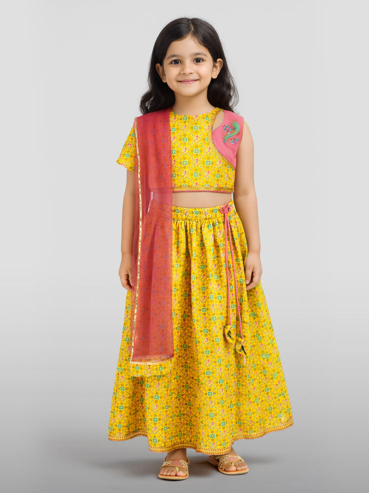 Girls Yellow Cotton Digital Animal Print Resham Embroidery Lehenga Choli with Net Dupatta Set