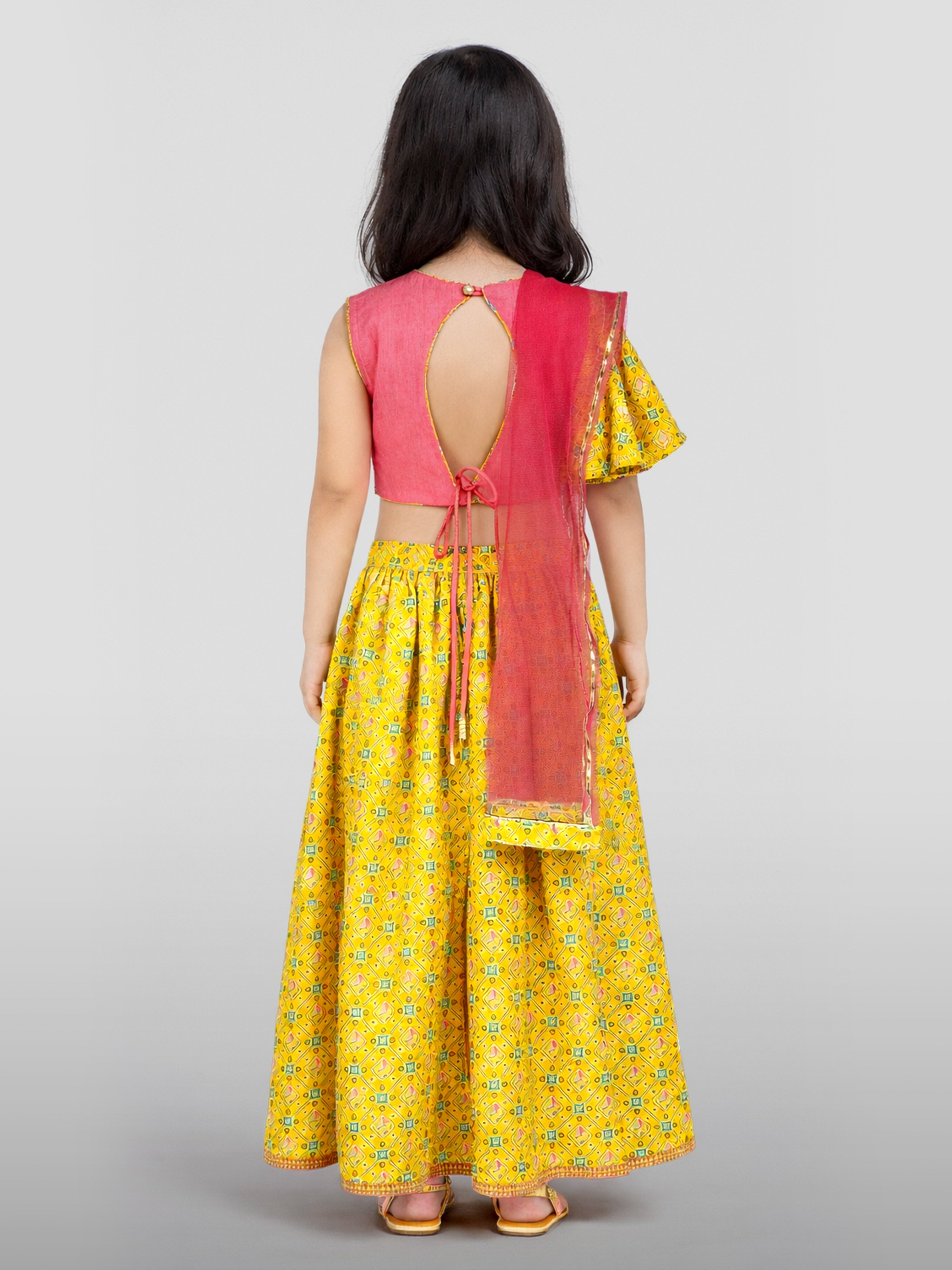 Girls Yellow Cotton Digital Animal Print Resham Embroidery Lehenga Choli with Net Dupatta Set