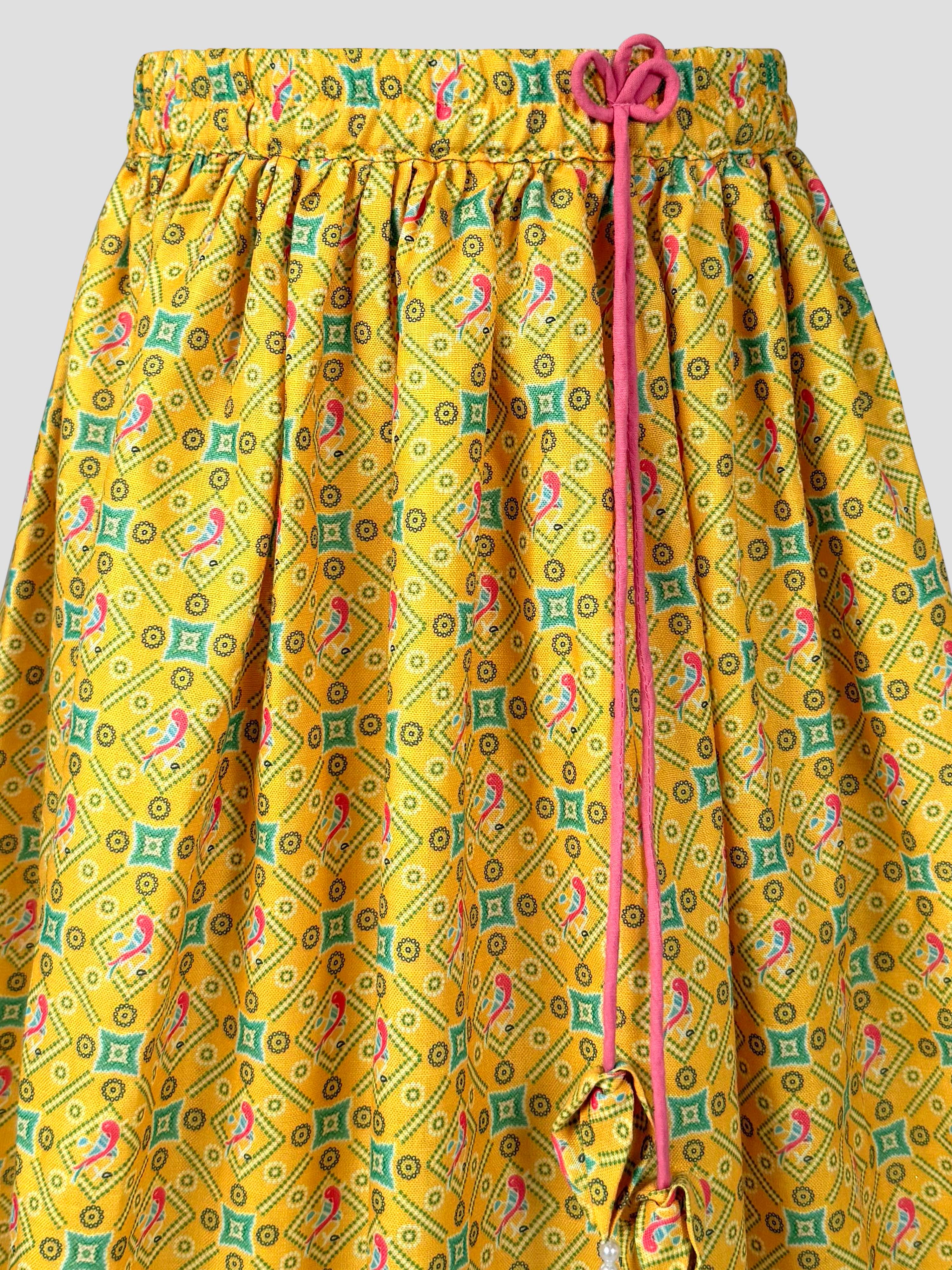 Girls Yellow Cotton Digital Animal Print Resham Embroidery Lehenga Choli with Net Dupatta Set