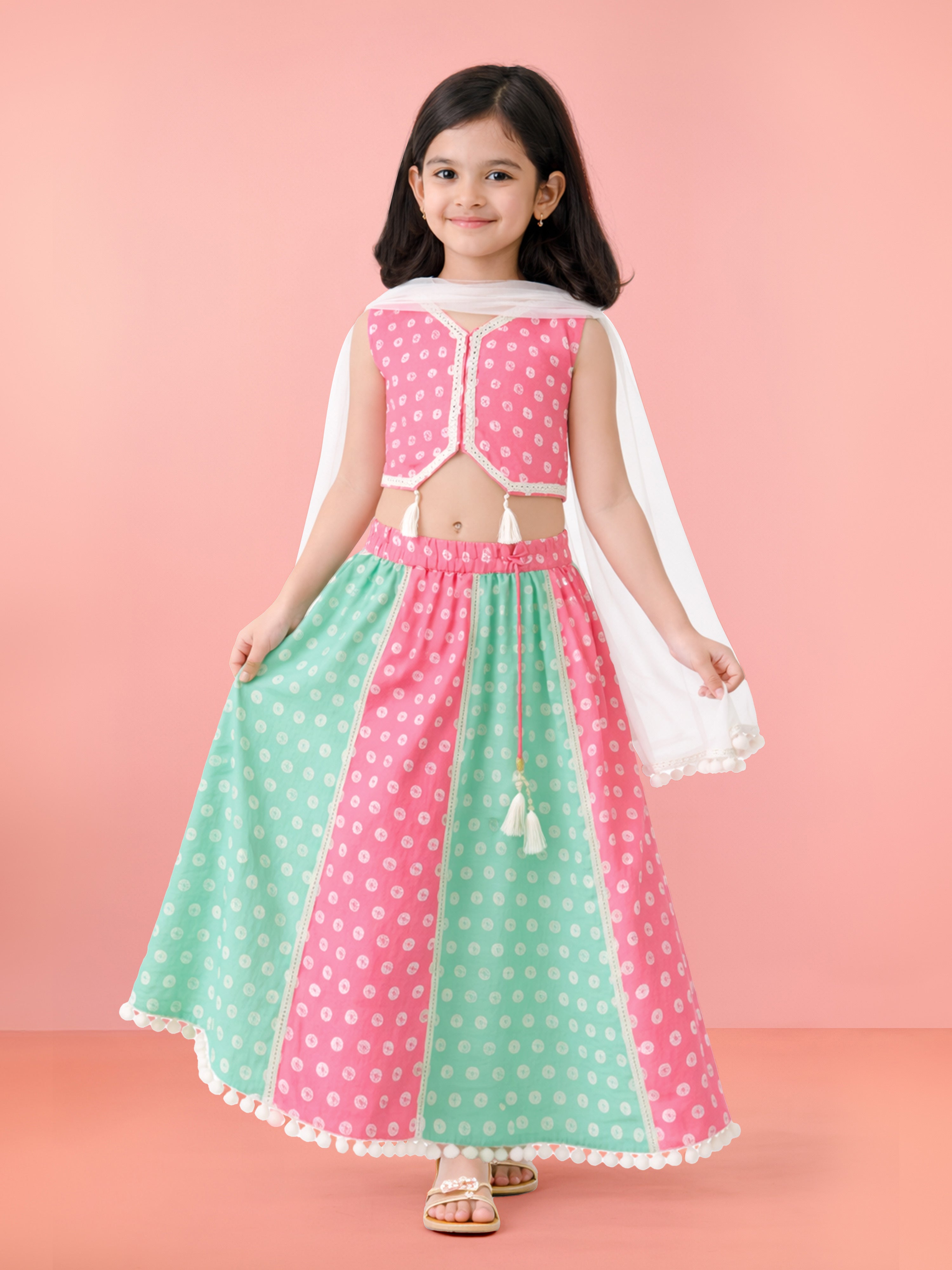 Girls' Pink Cotton Bandhani Print Lehenga Set with Aqua Lehenga & White Dupatta - Asymmetric Hem Festive Ethnic Wear