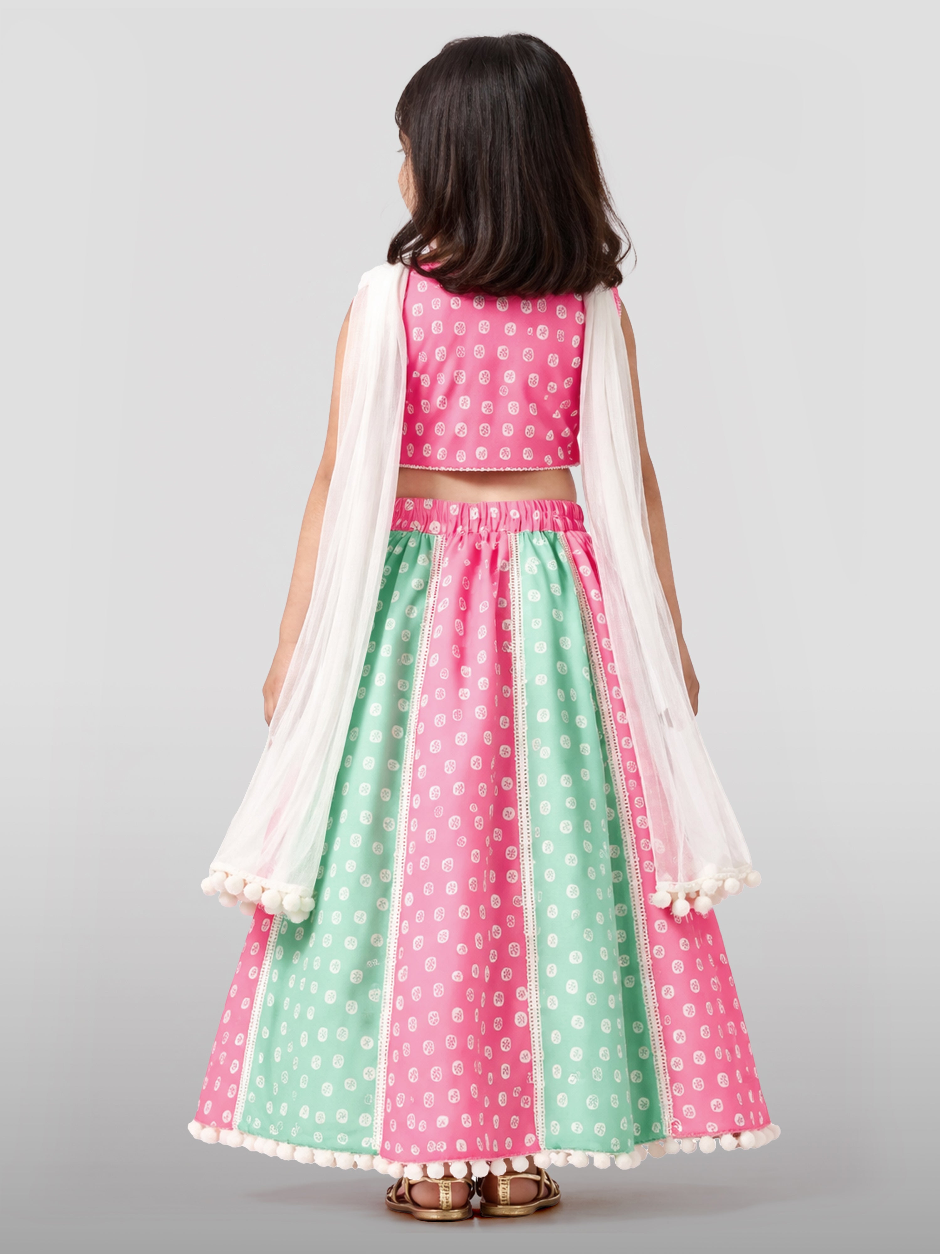Girls' Pink Cotton Bandhani Print Lehenga Set with Aqua Lehenga & White Dupatta - Asymmetric Hem Festive Ethnic Wear