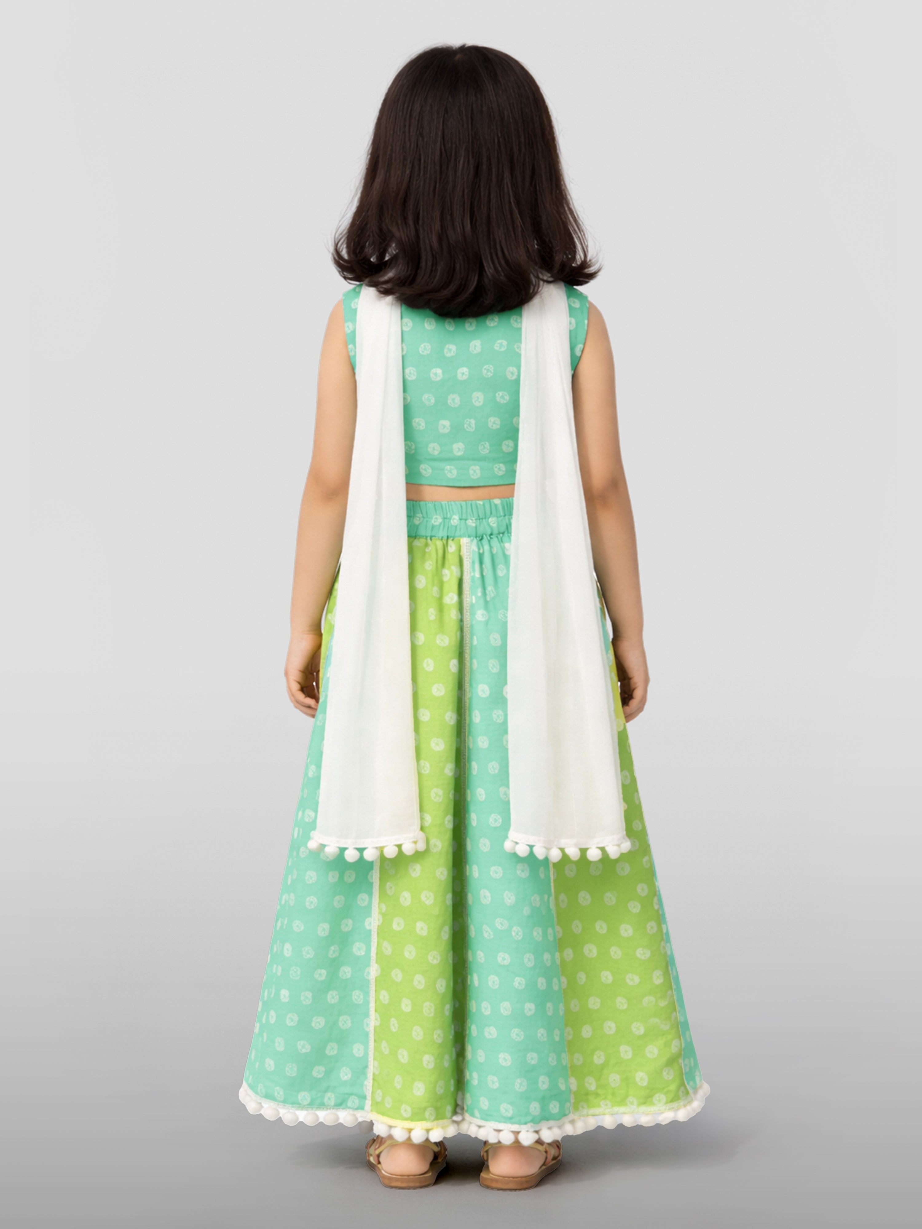 Girls' Sage Green Cotton Bandhani Print Lehenga Set with White Chiffon Dupatta -  Sleeveless Festive Ethnic Wear