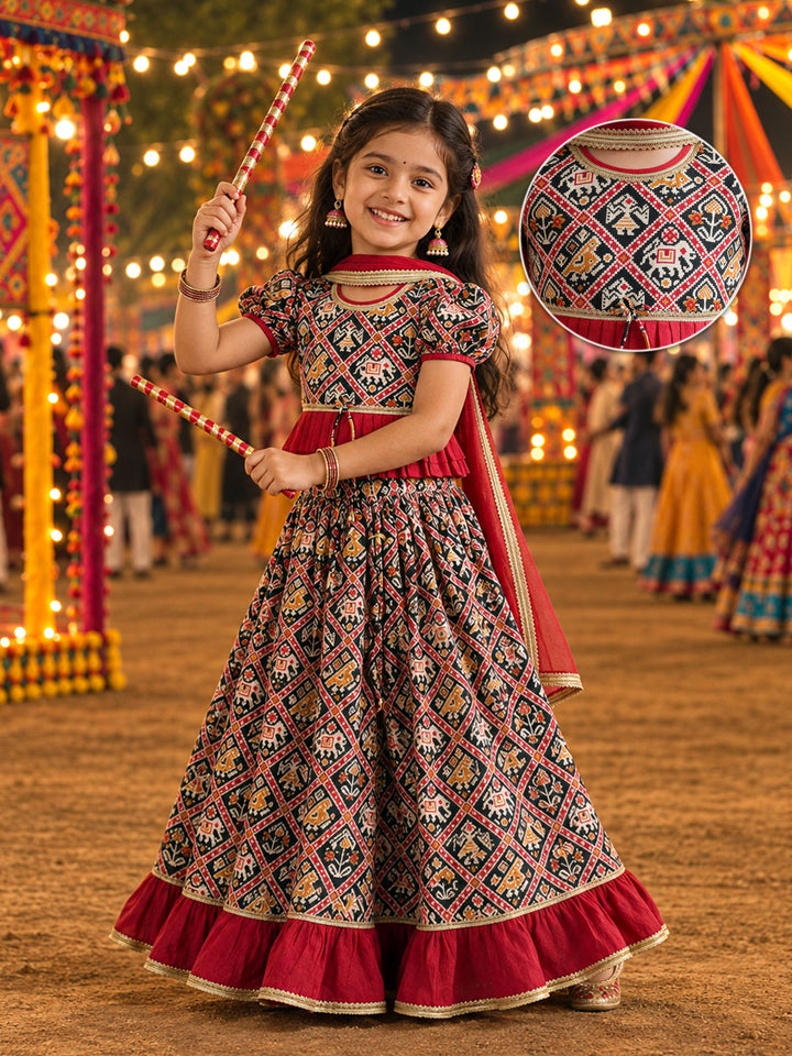 Girls Black Patola Cotton-Blend Cropped Length Lehenga With Choli And Dupatta Set