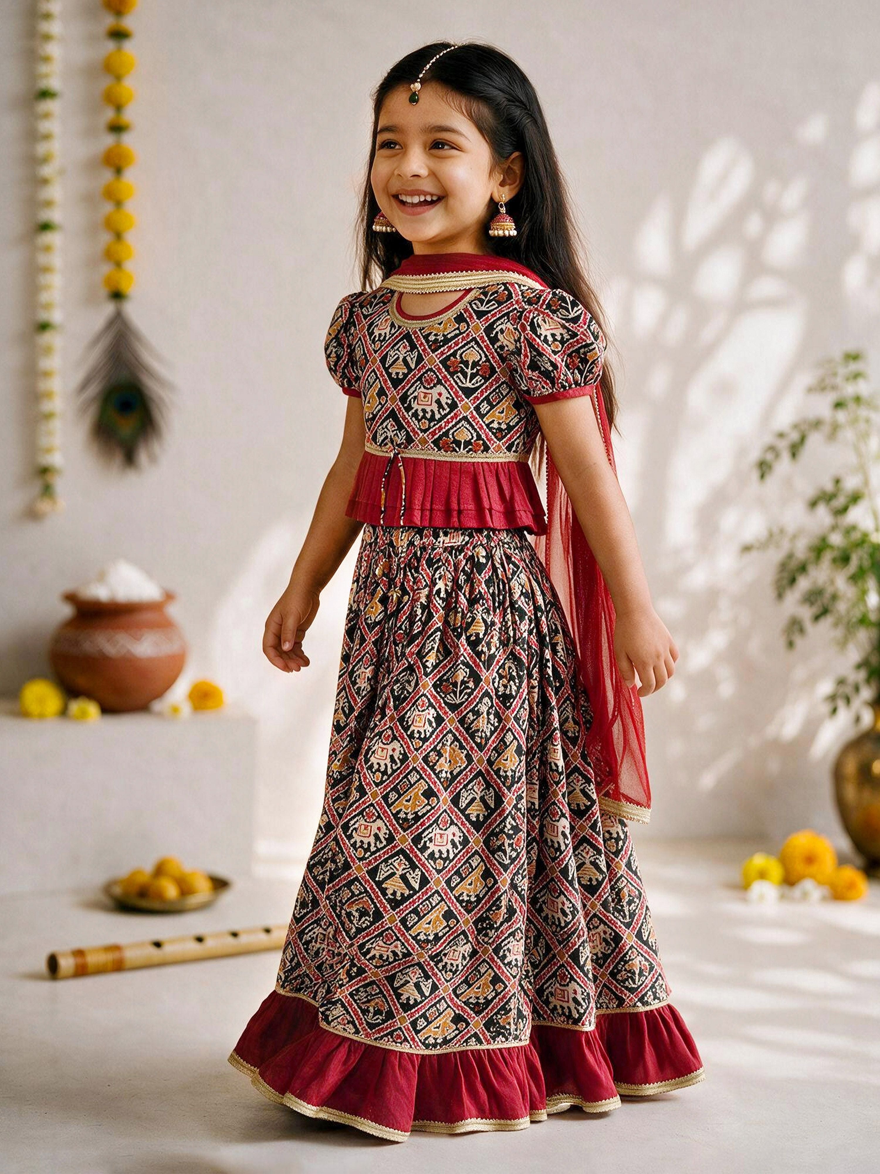 Girls's Black Cotton-Blend Ikkat Cropped Length Lehenga With Choli And Dupatta Set