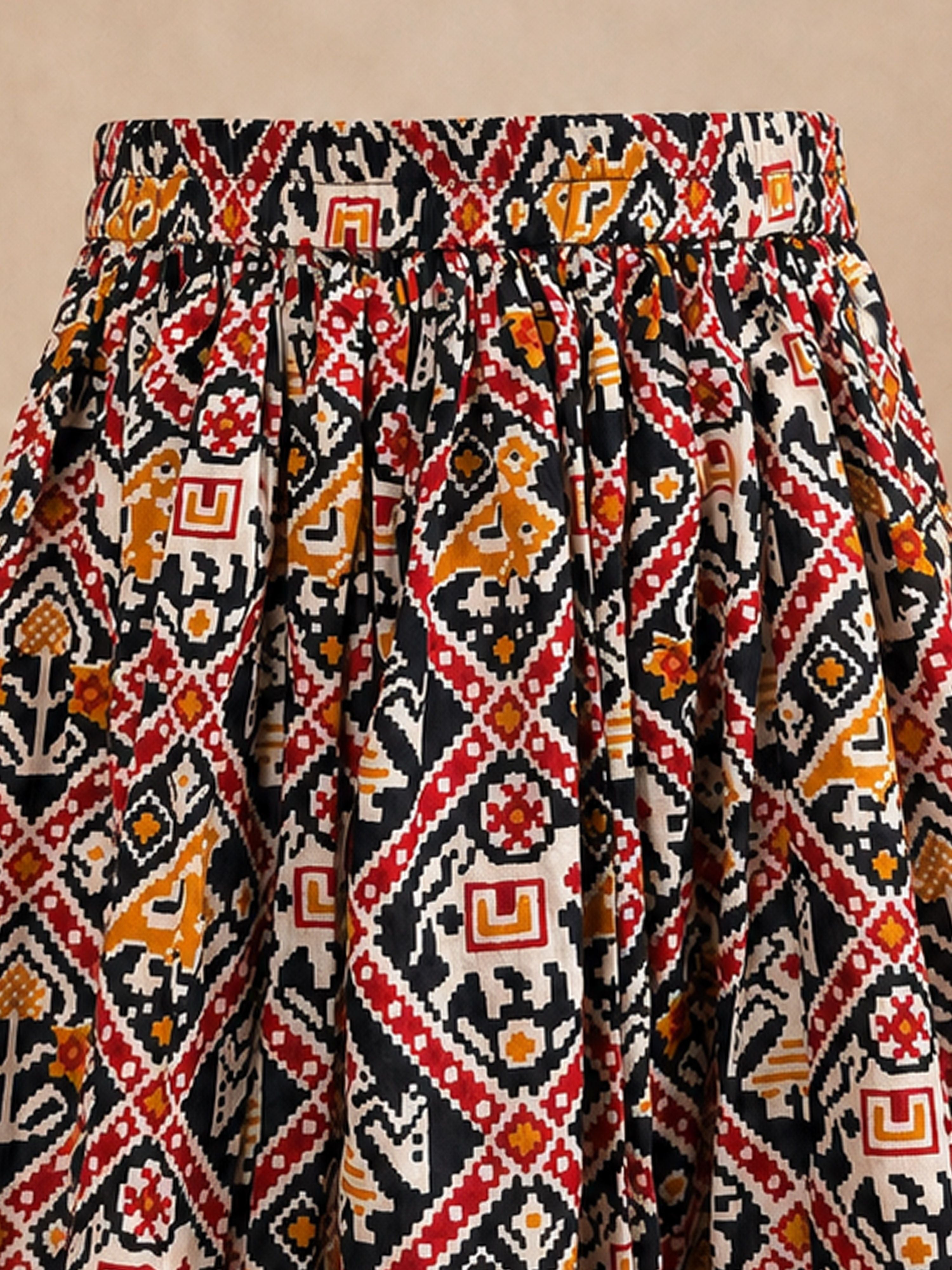 Girls's Black Cotton-Blend Ikkat Cropped Length Lehenga With Choli And Dupatta Set