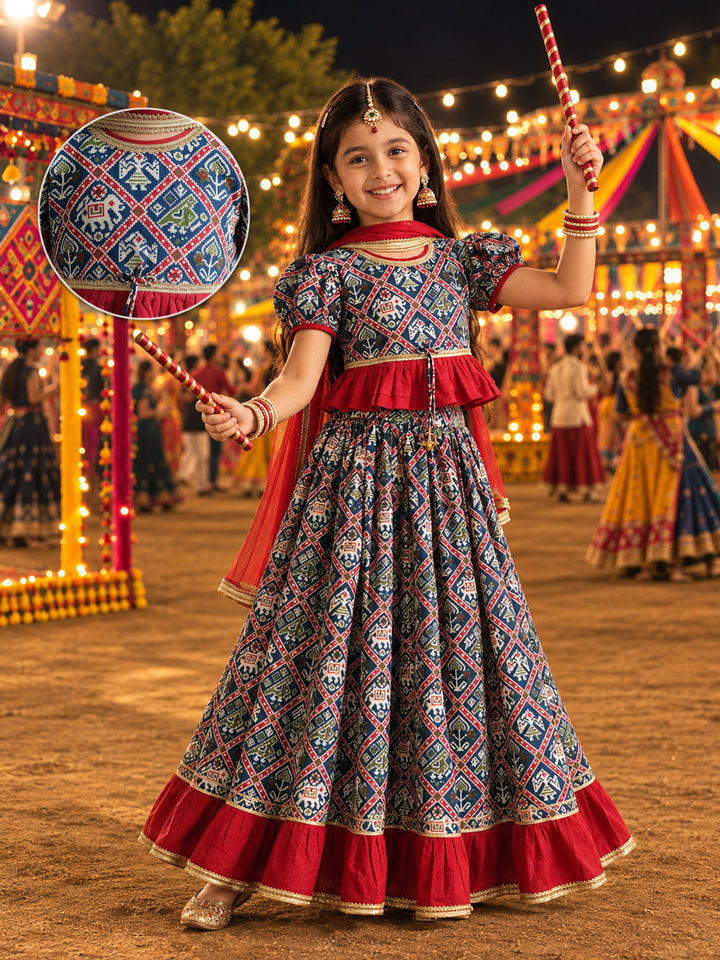 Girls Blue Patola Cotton-Blend Cropped Length Lehenga With Choli And Dupatta Set