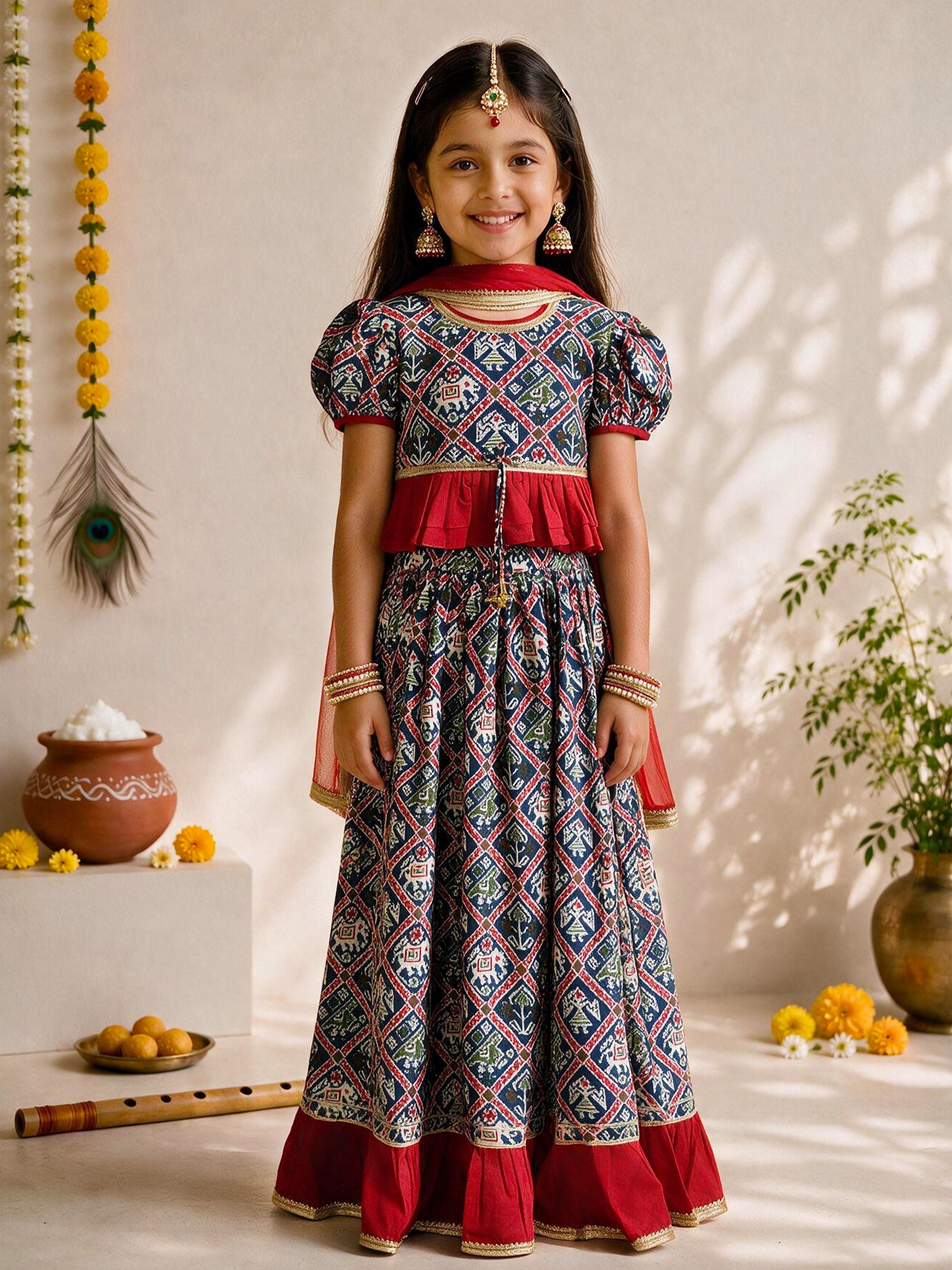 Girls's Blue Cotton-Blend Ikkat Cropped Length Lehenga With Choli And Dupatta Set