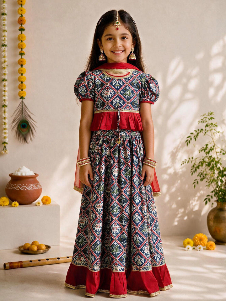 Girls Blue Cotton-Blend Cropped Length Lehenga With Choli And Dupatta Set