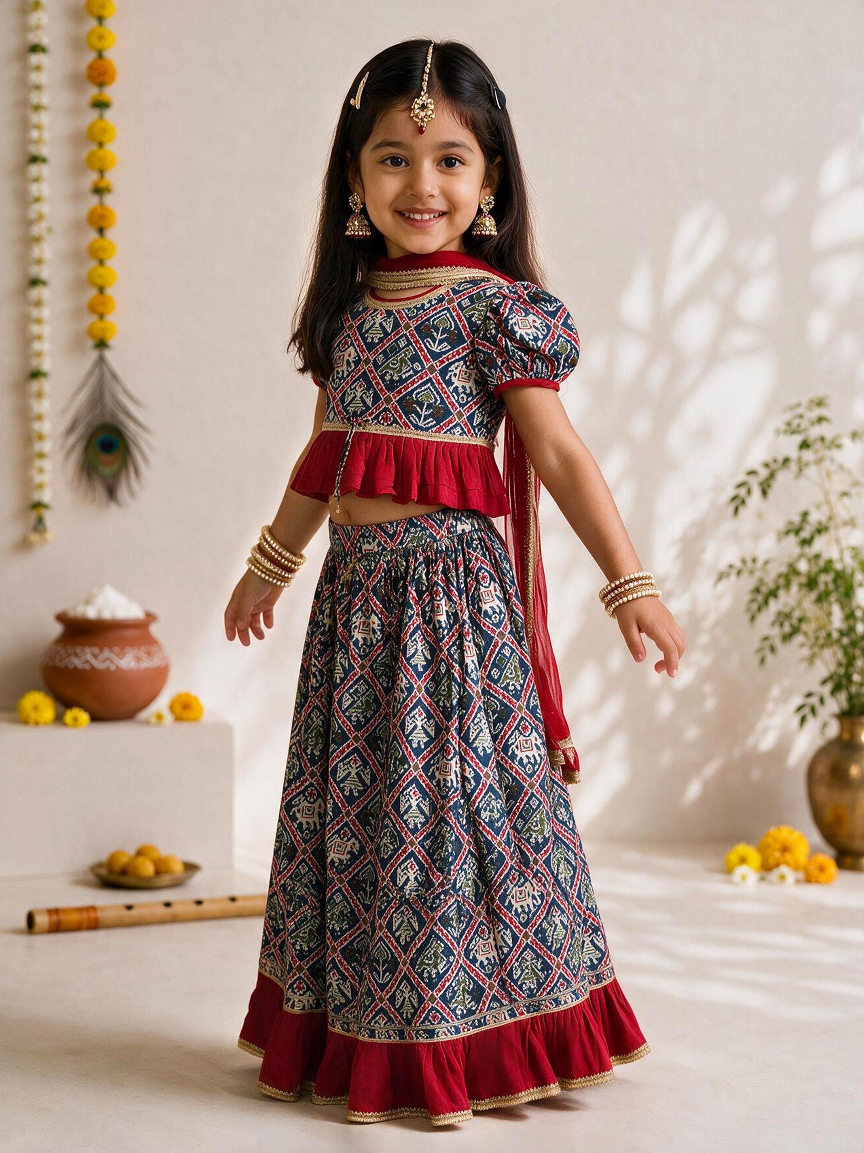 Girls's Blue Cotton-Blend Ikkat Cropped Length Lehenga With Choli And Dupatta Set