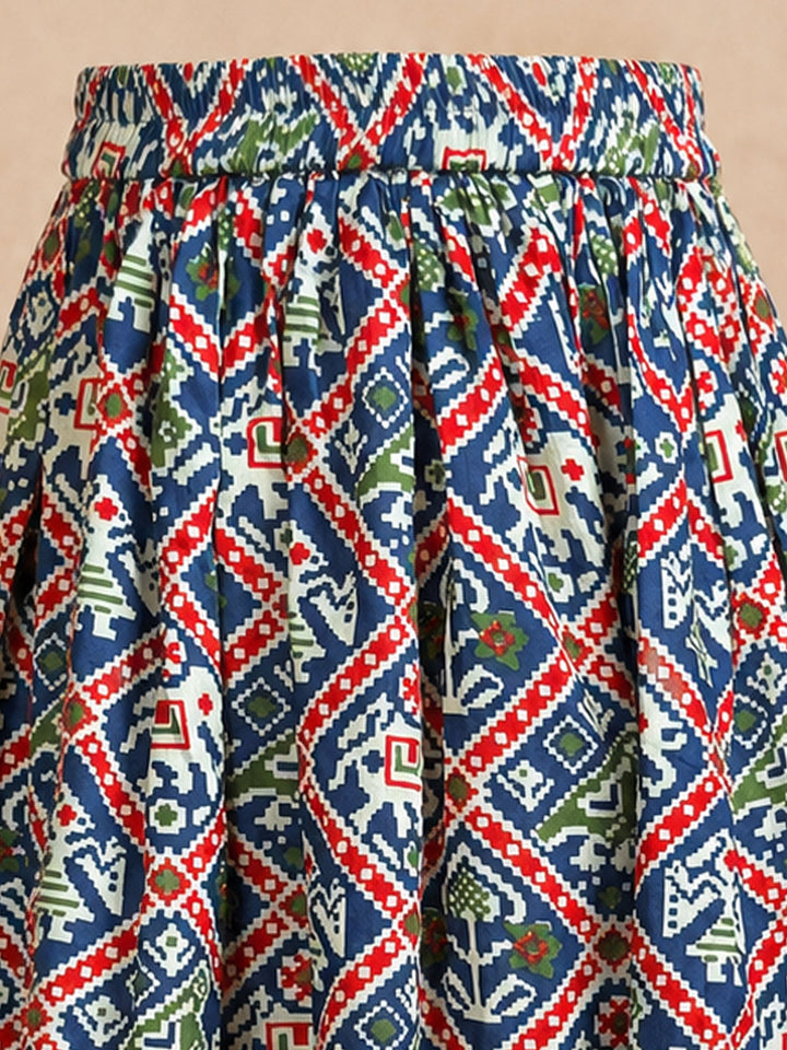 Girls Blue Cotton-Blend Cropped Length Lehenga With Choli And Dupatta Set