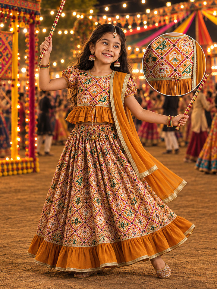 Girls Mustard Patola Cotton-Blend Cropped Length Lehenga With Choli And Dupatta Set